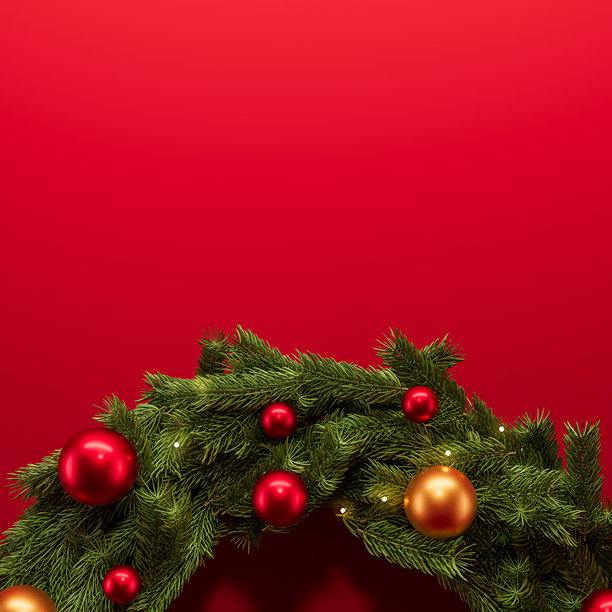 节日圣诞树花环，饰有红色和金色装饰品，背景为亮红色，适用于节日和新年庆祝活动概念。3D渲染。图片下载