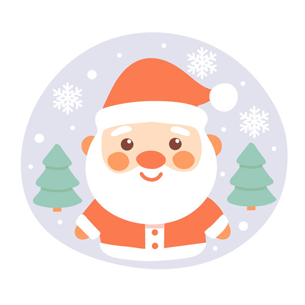 可爱的圣诞老人插画，戴着红帽子，穿着红外套，周围环绕着雪花和圣诞树。图片下载