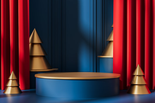 奢华节日领奖台，带有金色锥形和红色窗帘，位于优雅的蓝色房间内部，用于产品展示或演示模板。3D渲染图片下载