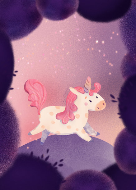 一只可爱的独角兽，粉红色的鬃毛，在星光闪烁的山丘上跳跃。儿童插画，采用柔和的粉彩色调，非常适合儿童读物、海报和婴儿房装饰。充满魔法的奇幻场景，带有闪光和花瓣。图片下载