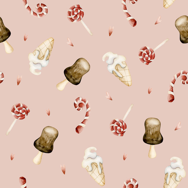 可爱的冰淇淋拐杖糖甜点温馨无缝图案。水彩手绘插画，孤立在粉色背景上图片下载