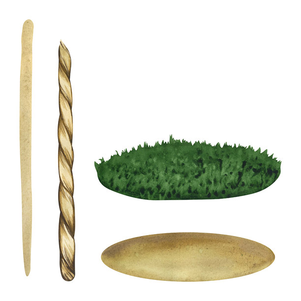 绿色草地、泥土和棕色绳子的水彩插画。用于设计的夏日草坪，自然风光。草地泥土。用于描绘花坛和其他种植区的花园元素插画。图片下载