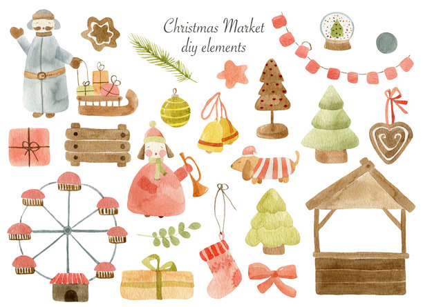 水彩圣诞集市矢量素材套装图片下载