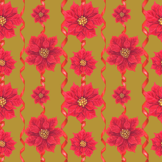 米色背景上的无缝图案，饰有红色一品红和扭曲的丝带。适用于节日、圣诞节、婚礼装饰、请柬、贺卡、包装纸、纺织品的 the watercolor 模板。图片下载