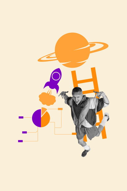 快乐的商界女性和商界男士的流行垂直照片拼贴，展示火箭发射、行星、太空梯子、职业晋升和成功。图片下载