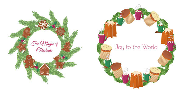 两款圣诞花环，饰以冷杉枝、姜饼、冬季浆果、意式圣诞面包、潘多罗面包和可可杯。圆形边框，中央留有文字空间。节日插画图片下载