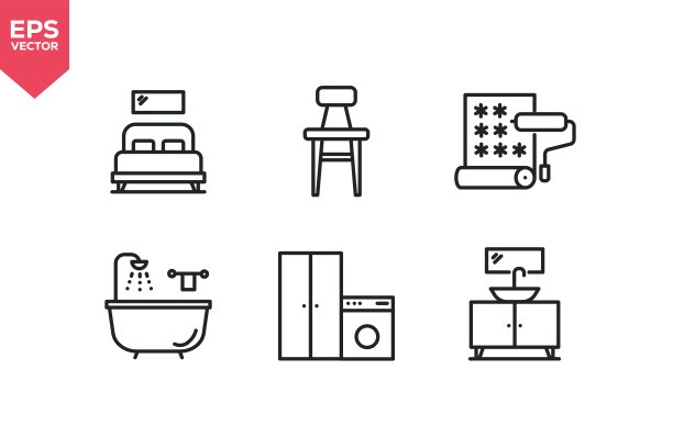 卧室、浴缸、椅子、洗手盆相关线条图标，描边可编辑。矢量插画图片下载