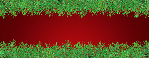 圣诞节红色背景横幅，顶部和底部有杉树枝。节日边框饰有松针，用于节日装饰或贺卡设计。图片下载