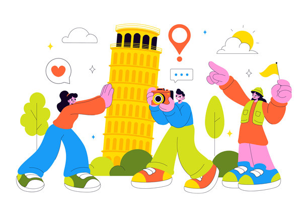 旅行指南和旅游矢量插画，在平铺风格的卡通背景下，向一群游客展示度假计划的有趣景点图片下载