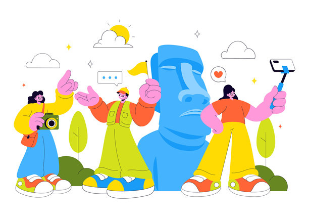 旅行指南和旅游矢量插画，在扁平风格的卡通背景下，向一群游客展示有趣的度假规划地点。图片下载