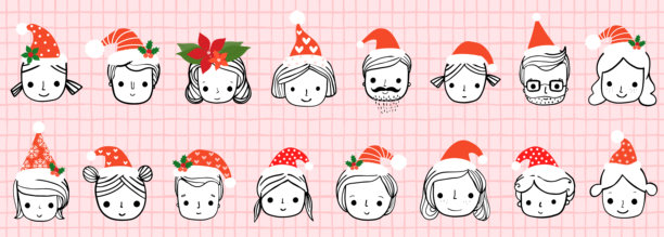 可爱的矢量圣诞帽人脸，用于贺卡和横幅的节日轮廓肖像插画图片下载