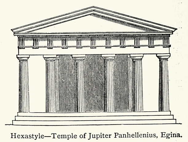 历史古典建筑，六柱式，宙斯神庙，埃伊纳岛，复古插画，19世纪，维多利亚时代图片下载