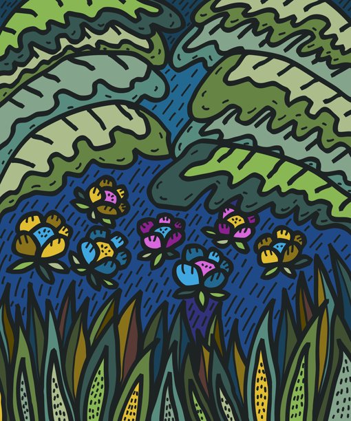 雨天花园里的鲜花彩色插画涂鸦图片下载