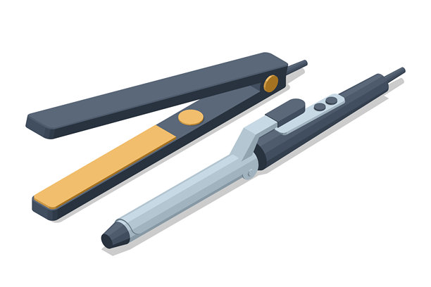 专业美发的等距矢量图，包含直发器和卷发棒。理发师和造型师在美容院和发型工作室使用的现代工具。图片下载