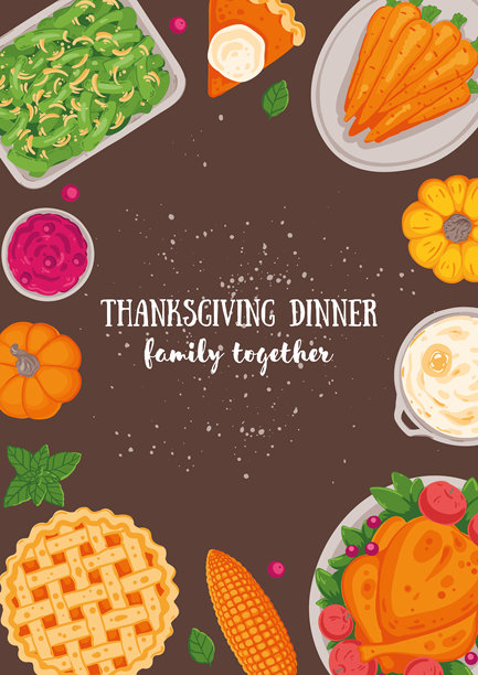 感恩节家庭晚餐。手绘扁平风格。俯视矢量图。节日晚餐，有火鸡、土豆、苹果派、蔬菜、水果。秋季美食。图片下载