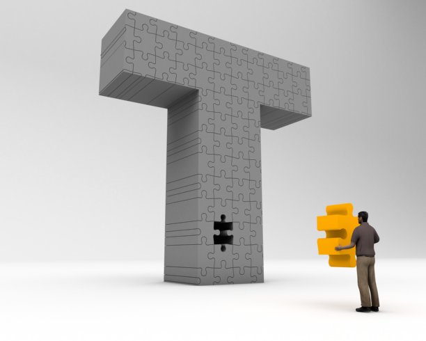 男人拿着缺失的拼图块，拼凑成3D字母T的插画图片下载