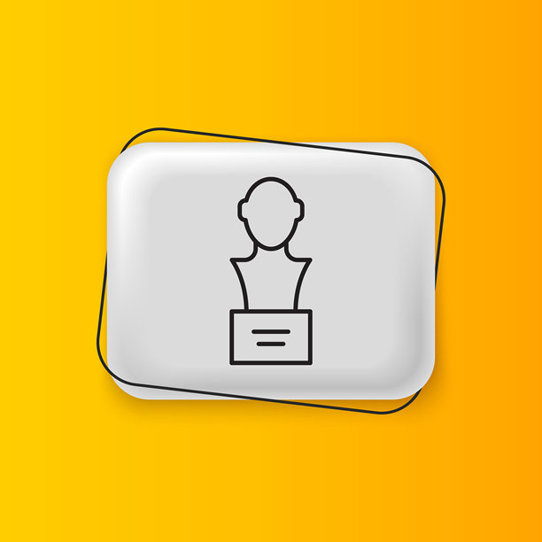 黑色石膏头像雕塑头像图标，孤立在黄色背景上。银色矩形按钮。矢量图图片下载