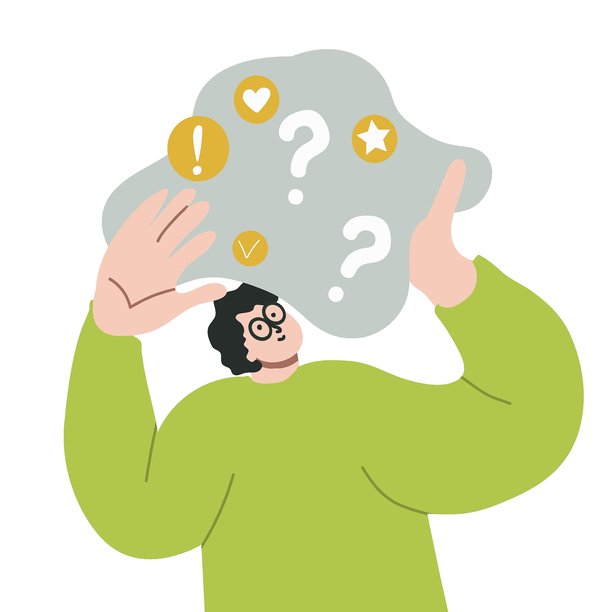 年轻的商务男士站着思考，手中举着一个聊天气泡，扁平化矢量手绘插画。图片下载