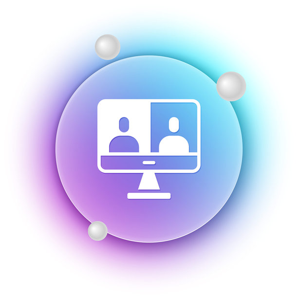 白色视频聊天会议图标，孤立在白色背景上。电脑屏幕上显示着活跃的视频聊天界面。蓝色和紫色渐变圆形背景。矢量图示例文图片下载