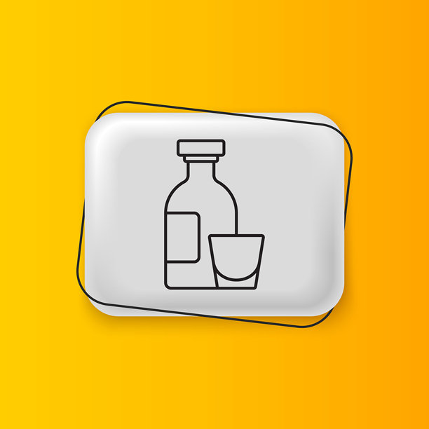 黑色酒精饮料朗姆酒瓶和杯子图标，孤立在黄色背景上。银色矩形按钮。矢量图图片下载