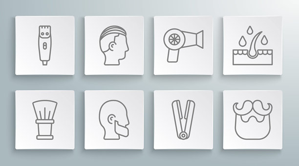 剃须刷、男士发型、胡须和络腮胡、卷发棒、吹风机、护发精油和推剪图标的线条集合。矢量图示例文图片下载