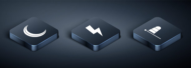 插画风格的月亮和星星、圆锥形气象风向袋、风向标和闪电图标。矢量图图片下载