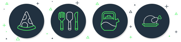 设置线条叉子、勺子和刀、带手柄的水壶、披萨片和烤火鸡鸡肉图标。矢量图图片下载