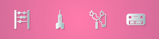 纸艺风格的算盘、飞镖、弹弓和玩具钢琴图标。纸张剪纸风格。矢量插画。图片下载