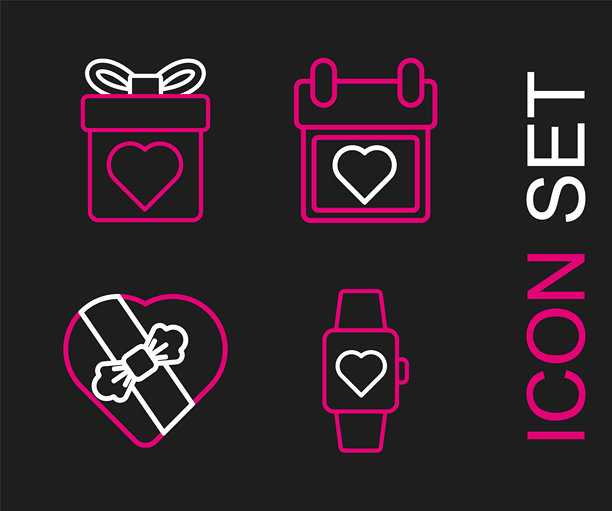 中心手表的线条爱心，糖果心形盒子，带礼物图标的日历。矢量图图片下载
