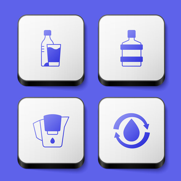 带玻璃杯的水瓶套装，大瓶子干净，滤水壶和回收图标。白色方形按钮。矢量图示例证件图片下载