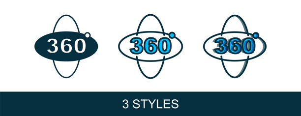 填充轮廓360度视图图标，孤立在白色背景上。虚拟现实。360度摄像头视角。全景照片。矢量图示量化图片下载