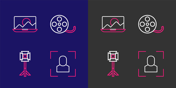 摄影机对焦框线、影棚灯泡柔光箱、胶卷和照片修饰图标。矢量图图片下载