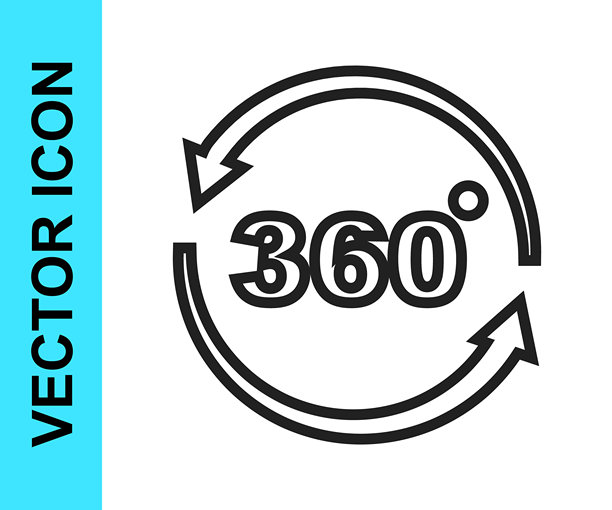 黑色线条360度视图图标，孤立在白色背景上。虚拟现实。360度全景摄像头。全景照片。矢量图图片下载