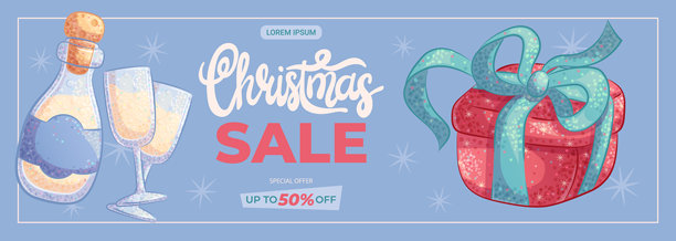 圣诞节和新年横幅促销。一瓶香槟配酒杯、一个礼品盒。冬季折扣，促销。海报、横幅、广告、传单的矢量插画图片下载