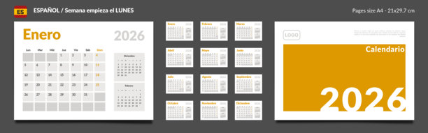 2026年西班牙语日历计划表模板套装，包含带照片位和公司Logo的月历页面及封面。周一为一周开始的挂历或台历的矢量网格布局，页面尺寸为A4。图片下载