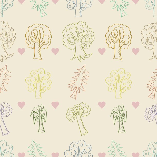 树木和心形图案的无缝平铺图。手绘矢量插画。图片下载