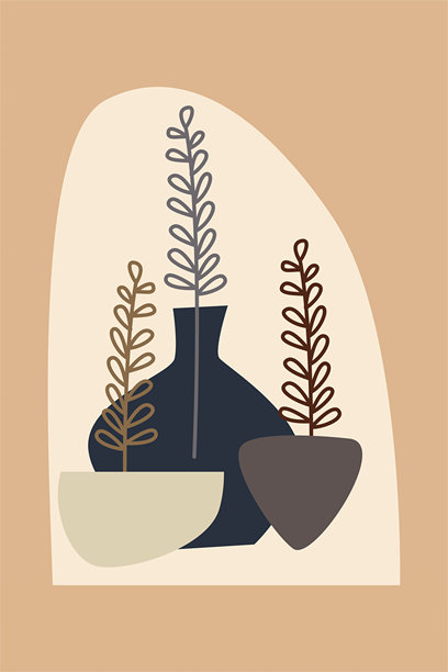 现代波西米亚风植物插画，搭配极简抽象花瓶图片下载