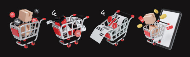 黑色星期五购物狂潮，有动画购物车和特价促销。3D渲染插画图片下载
