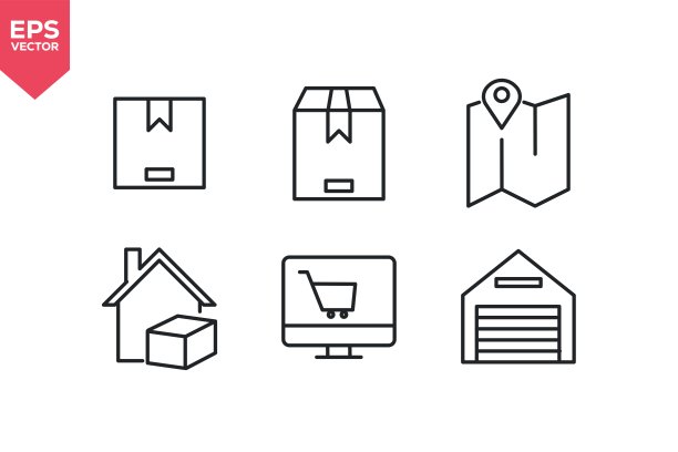 一组与箱子、运输箱、地图定位、送货上门、网上购物、仓库相关的线条图标。笔触可编辑。矢量插画图片下载
