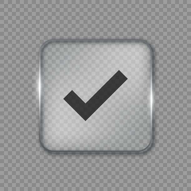 液态玻璃风格的玻璃拟态检查标记矢量边框。矩形玻璃完成任务矢量插画，背景隔离。透明镜面边框标志，商务概念。图片下载