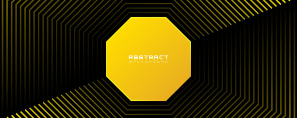 深色空间中带有八边形线条效果装饰的3D黄黑科技抽象背景重叠层。现代图形设计元素条纹风格概念，适用于网页横幅、传单、卡片或宣传册封面图片下载