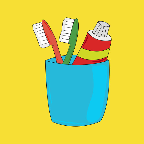 牙刷和牙膏放在玻璃杯中，保持口腔卫生。简约风格矢量插画图片下载