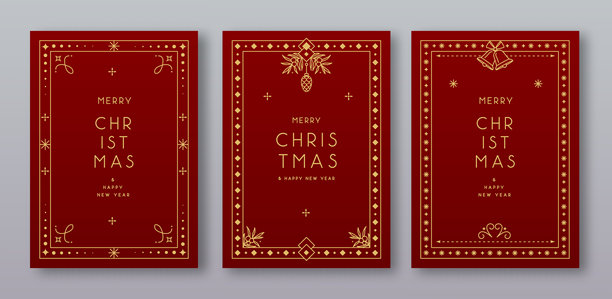 一套现代圣诞节相框或节日贺卡，背景为红色。线条艺术矢量插画图片下载