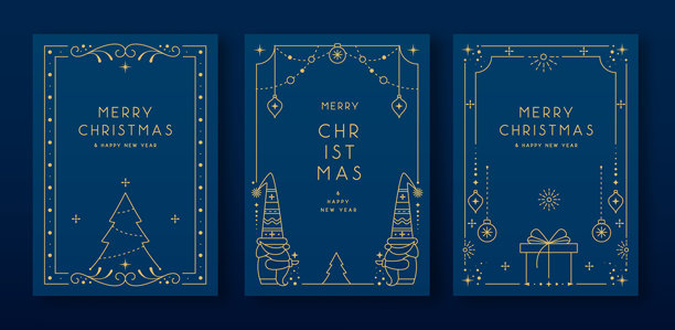 一套现代圣诞节相框或节日贺卡，背景为蓝色。线条艺术矢量插画图片下载