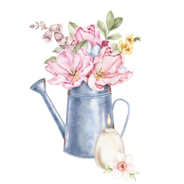 水彩金属罐插画，内有粉色鲜花和悬挂的装饰彩蛋，点缀着柔和的花朵。适合用于复活节贺卡、包装、海报、手工艺品及春季主题创意项目。图片下载