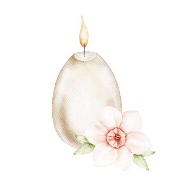 一枚蛋形蜡烛的水彩插画，带有柔和的火焰和底座上的精致花朵。非常适合明信片、包装、标签、海报、节日装饰和春季主题创意设计。图片下载