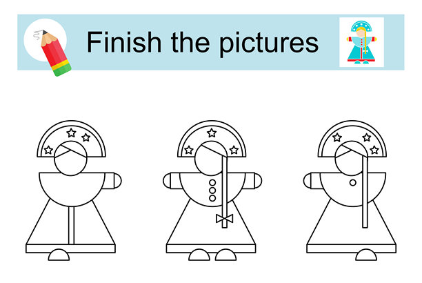 儿童活动。完成图片，使它们看起来都一样。图片下载