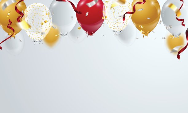 节日庆典背景，饰有闪亮的3D氦气球、丝带和飘落的彩纸屑。适用于派对、活动推广、节日庆典、新年、圣诞节、生日、祝贺等场合。图片下载