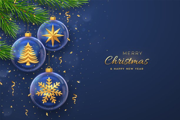 圣诞贺卡。透明玻璃装饰品，内有金色圣诞星、圣诞树和雪花。节日蓝色背景，点缀松枝和纸屑。矢量插画。图片下载