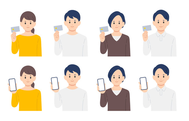 年轻及中年男女手持信用卡和智能手机组合【矢量图／插画／人物】图片下载
